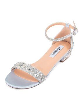 Womens Wide Width Rhinestone Flat Sandals Ankle Strap Cushioned